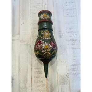 Antique turned wood hand painted primitive floral‎ wooden vase.